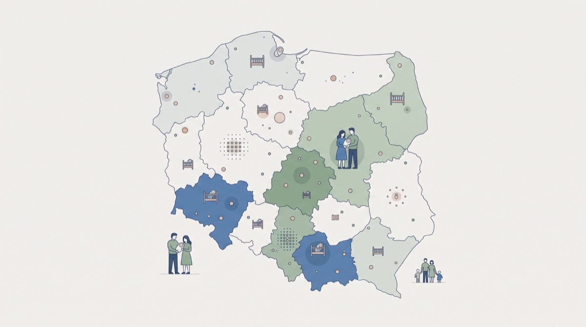 Ilustracyjna mapa Polski z symbolami rodzin i urodzeń