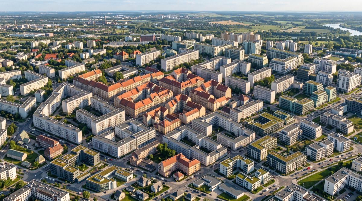 Widok z lotu ptaka na zabudowę pochodzącą z różnych okresów